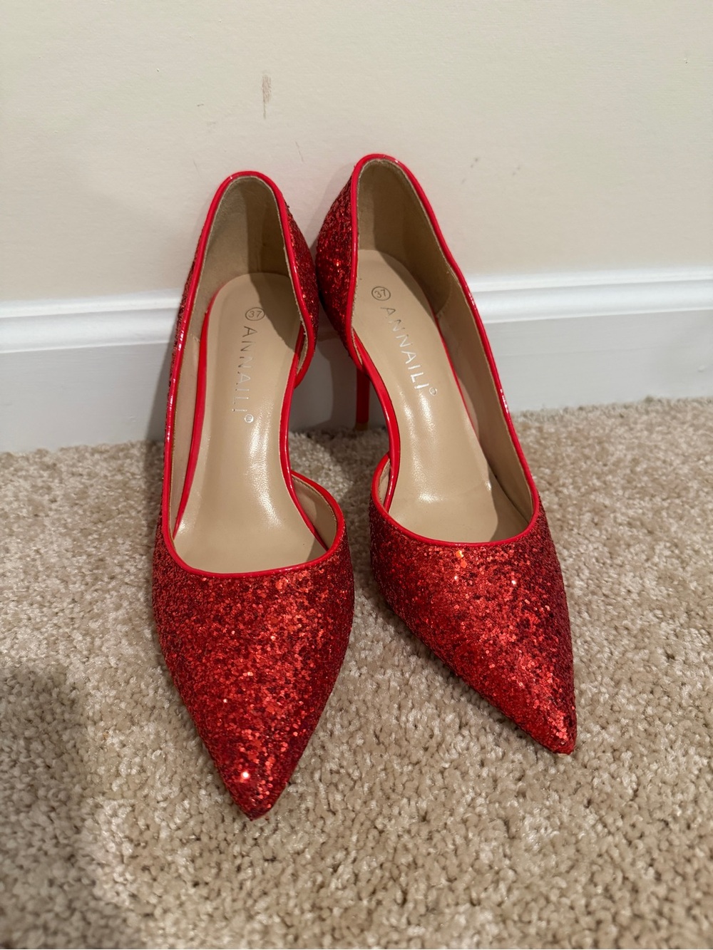 Annaili Red Glitter Pointed Toe Stiletto Heels